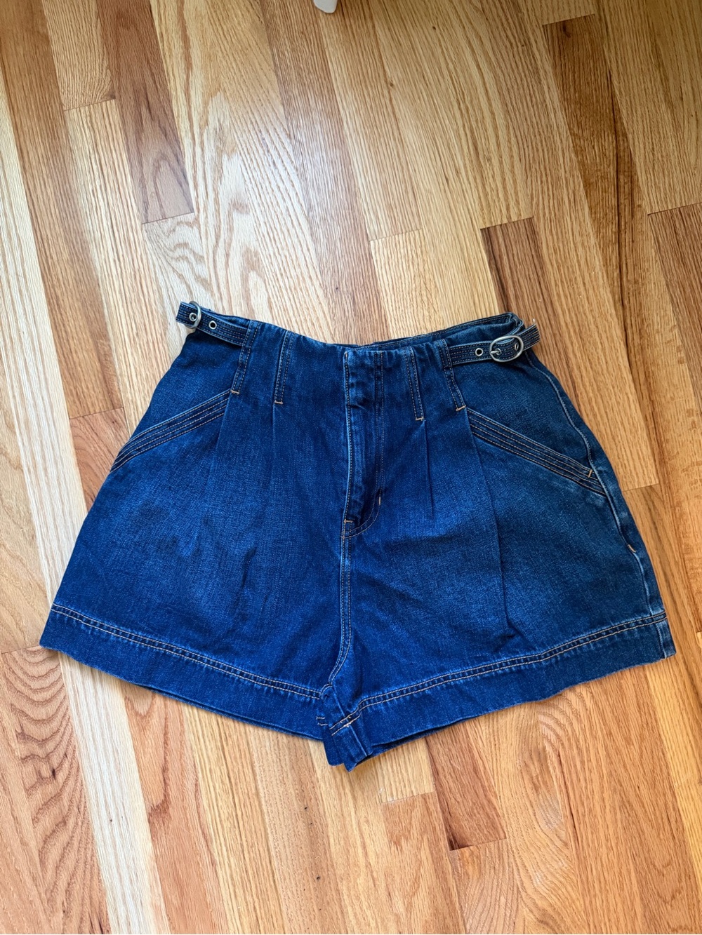 Veronica Beard Dark Blue High-Waist Denim Shorts with Side Buckles